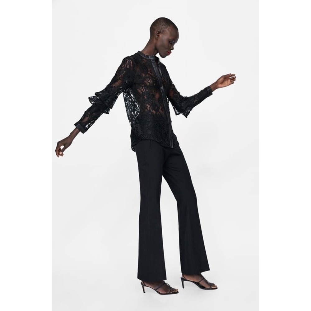 Zara Basic Black Lace Blouse‎ Faux Leather Trim Ruffle Sleeve Shirt